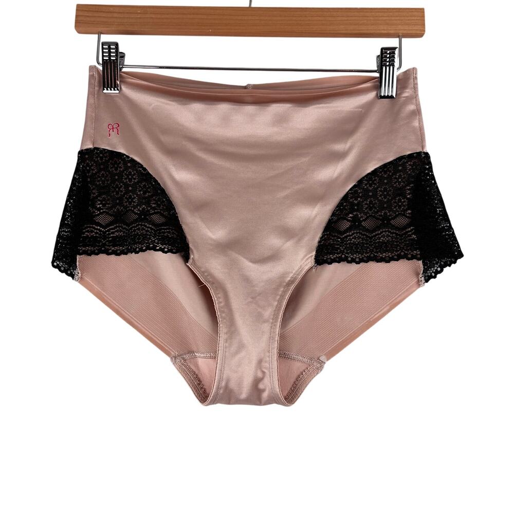 Ruby Ribbon Brief Panties Women's XL Nude Satin Black Lace Shapewear NWOT